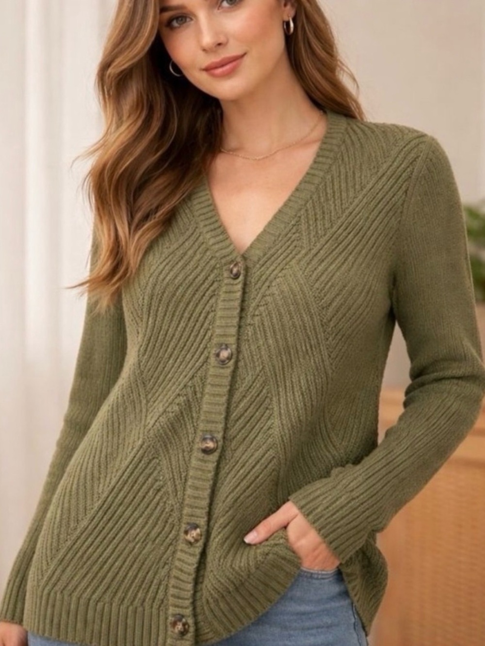 *CABI* Olive Green V-Neck Button Front Aerial Cardigan Sweater Size XS
